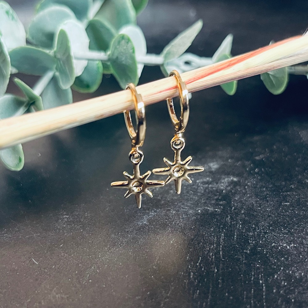 Celestial Star Huggie Hoops | 14k Rose Gold Plated Dangle Earrings | Witchy Boho